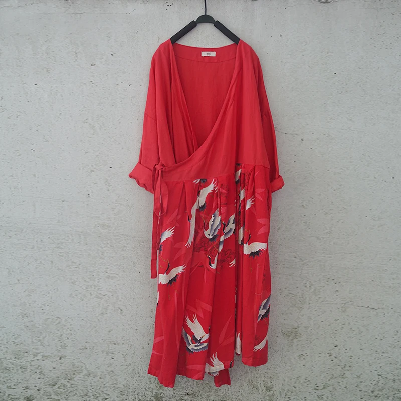 

Johnature Women Cotton Linen Bandage Dress 2019 Fall Winter New Vintage Robe Chinese Style Long Sleeve V-Neck Loose Print Dress