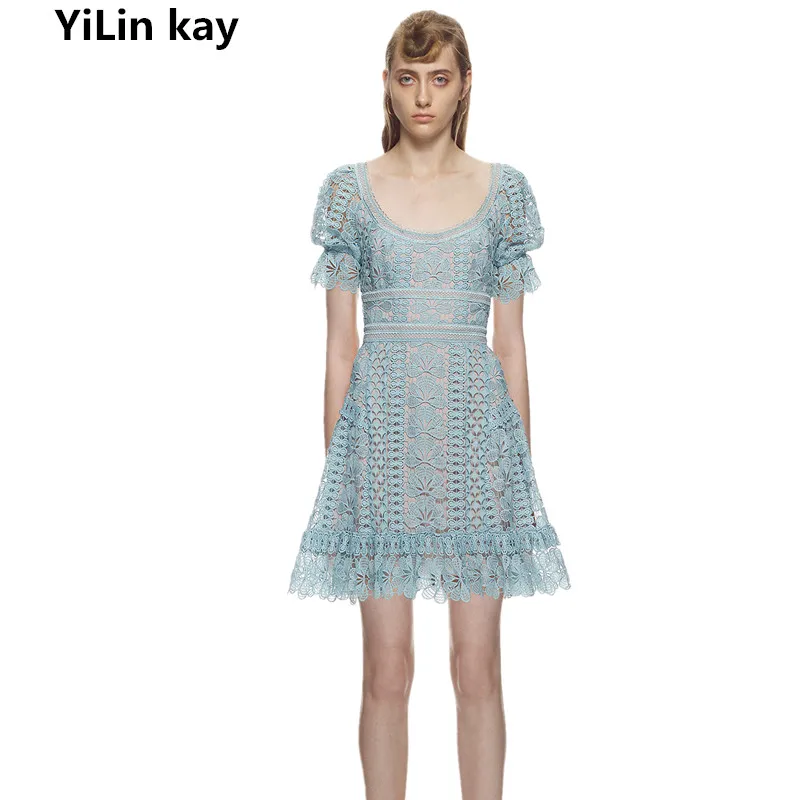 

YiLin kay 2019 High-end custom self portrait Water soluble lace round lead bubble short - sleeved dress.