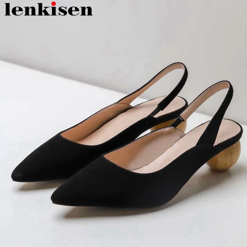 

Lenkisen art design wood med heels full grain leather slip on women sandals pointed toe slingback office lady dating shoes L13