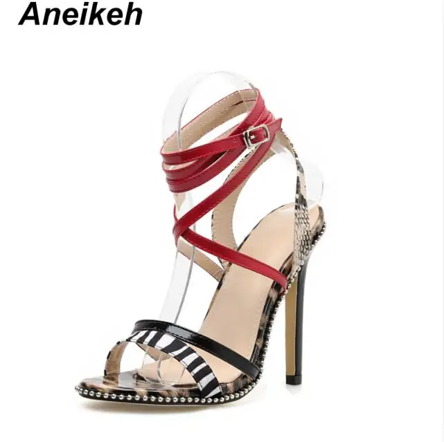 Aneikeh/сезон лето; коллекция года; модные босоножки; женские пикантные свадебные туфли на тонком высоком каблуке, украшенные стразами, с пряжкой и ремешком на тонком ремешке; цвет красный, желтый, белый, Size35-40 - Цвет: Red
