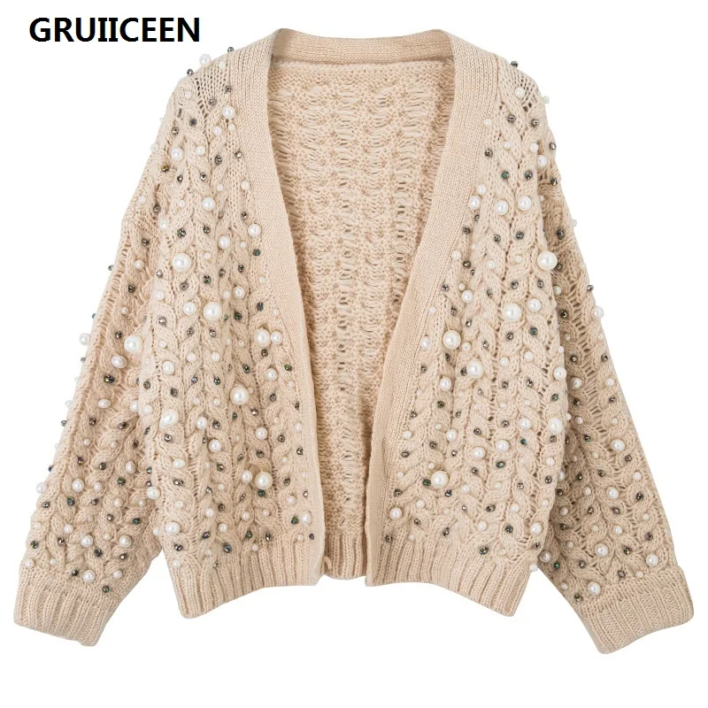 GRUIICEEN new 2017 fashion luxury beaded pearls sweater cardigans women winter long sleeve open