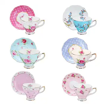 

6 Style 240ml Blue Pink Porcelain Fashion British Bone China Coffee Cup Saucer Ceramic Flower Tea Set
