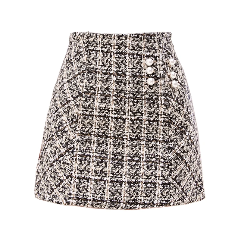 

PERHAPS U sexy women high waist pencil streetwear fashion casual min skirts tweed beading pearl zipper short S0104