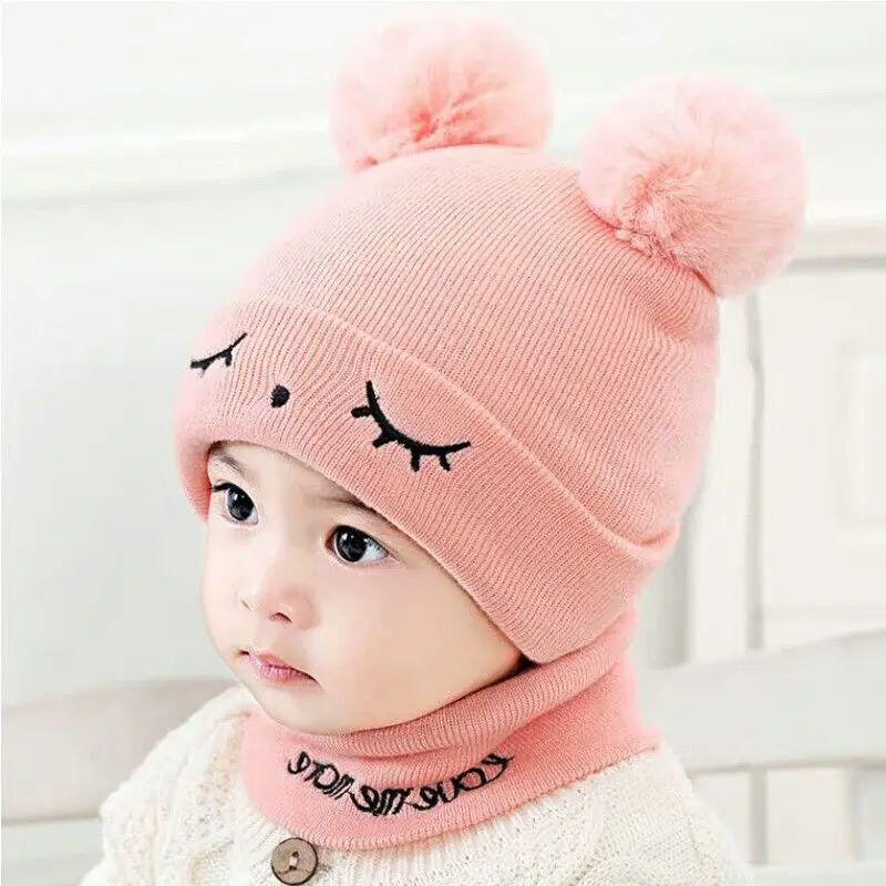 Для маленьких мальчиков и девочек зимние теплые двойной меха с помпоном-кисточкой вязать шапочки шляпа Кепки - Цвет: Розовый