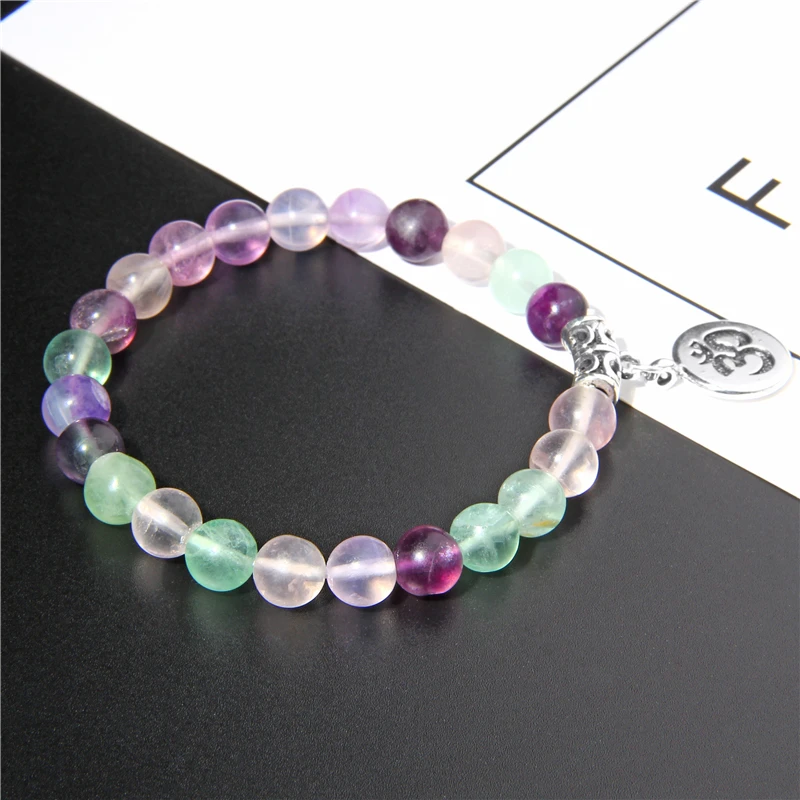 Colorful Fluorite Beads Bracelet for Women Round Natural Purple Beads Ohm Charm Bracelet Jewelry Fit Women Girls Fovers Friend