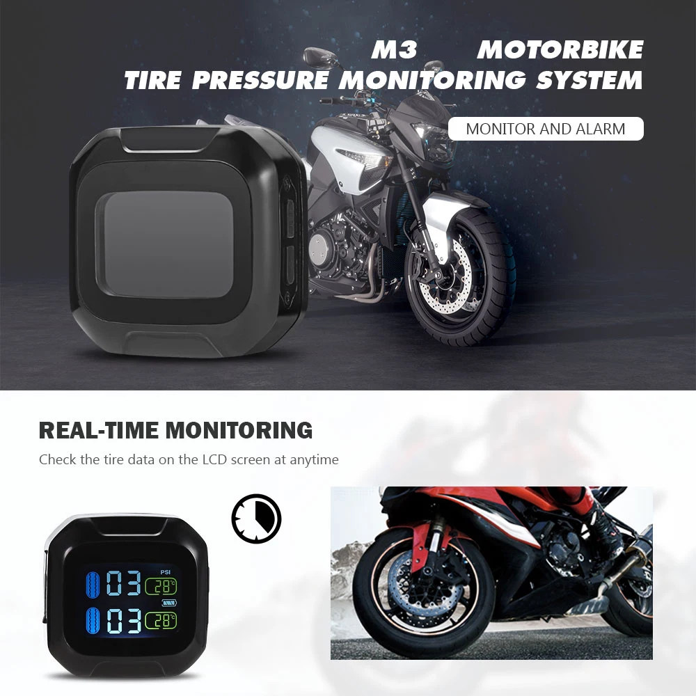 

M3 Motorcycle TPMS Tire Pressure Monitoring System with 2 External Sensors 2units LCD Display Moto Security Alarm System BAR PSI