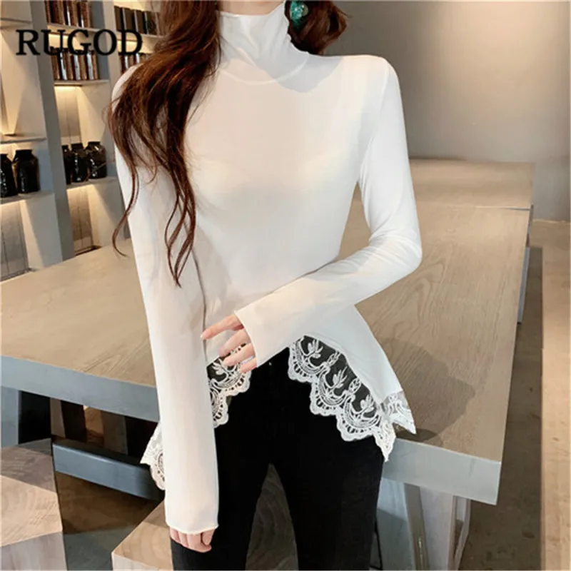 

RUGOD 2019 Sexy women shirts turtle neck long sleeve irregular lace edge bodycon white korean harajuku fashion women tops spring