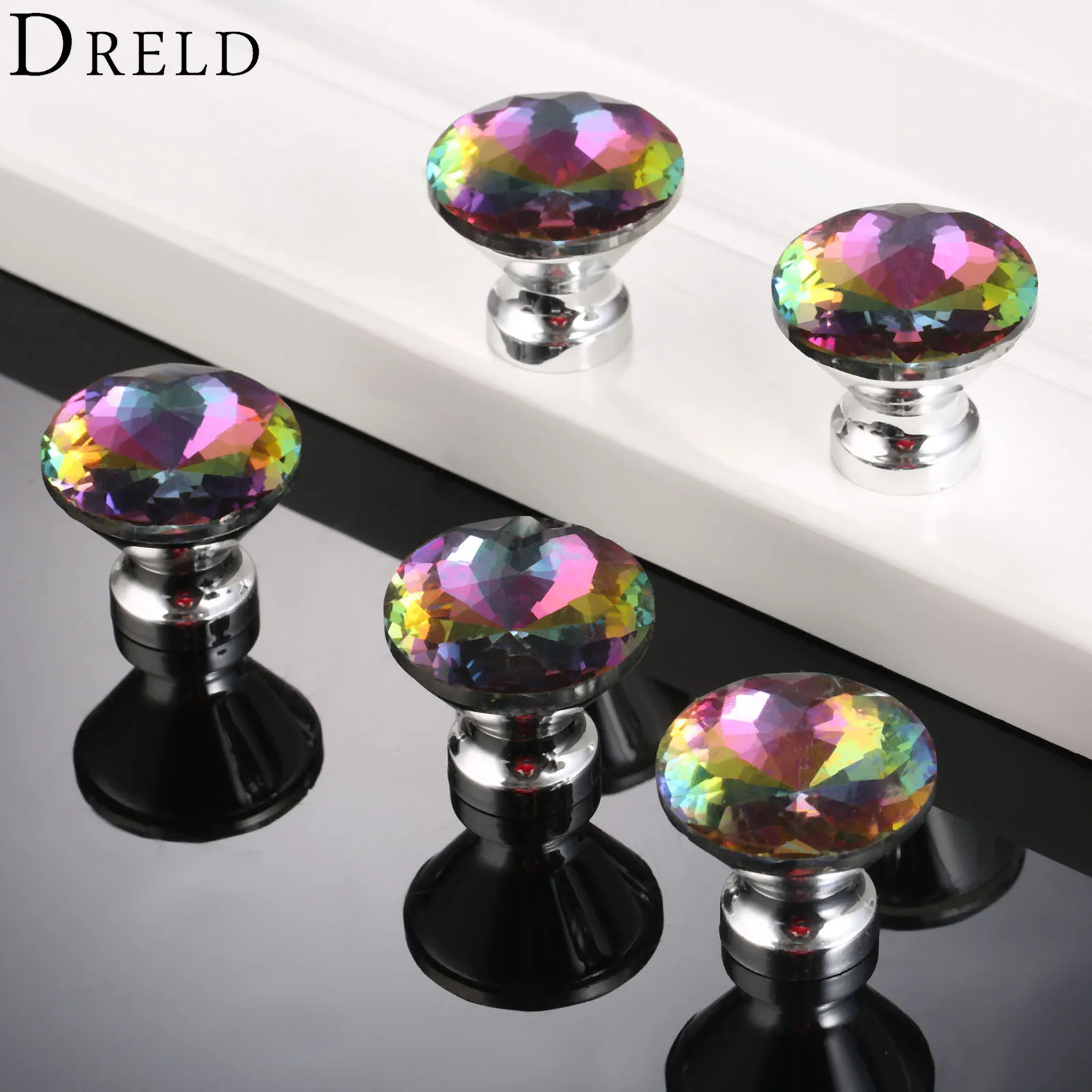 DRELD 5pcs 30mm Crsytal Furniture Handle Diamond Glass Alloy Cabinet Knobs and Handles Kitchen Pull Handles Furniture Hardware