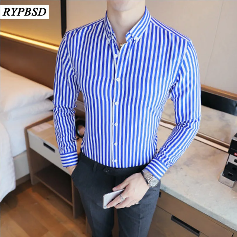 Striped Shirts Male Turn down Collar Slim Fashion Casual Wild Casual ...