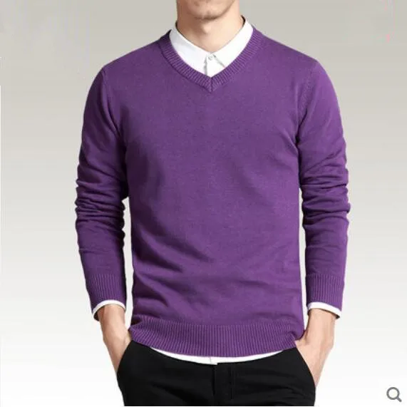 Мужской модный Повседневный тонкий свитер мужской весенне-осенний тонкий свитер с v-образным вырезом мужской пуловер Свитера Мужская одежда сплошной цвет - Цвет: purple