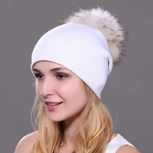 Осенне-зимние шапочки, шапка унисекс, Вязаная Шерстяная Лыжная Шапка кэжуал с натуральным мехом енота и лисы, одноцветные горнолыжные шапки с помпоном