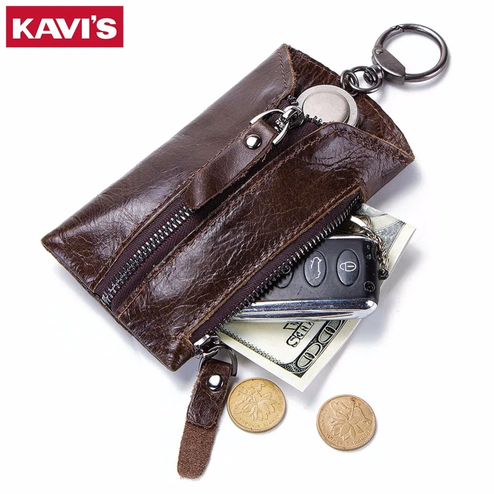 

KAVIS Genuine Leather Housekeeper Key Wallet Small Car Pouch Ring Wrap Fo Organizer Case Man Zipper Coin Card Holder Keychain