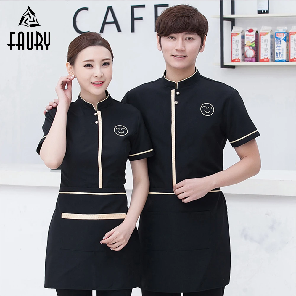 

Hotel Waiter Waitress Shirt Summer Fast Food Restaurant Hotpot Teahouse Cafe Shop Smiley Uniform Short Sleeve Top+Apron Set