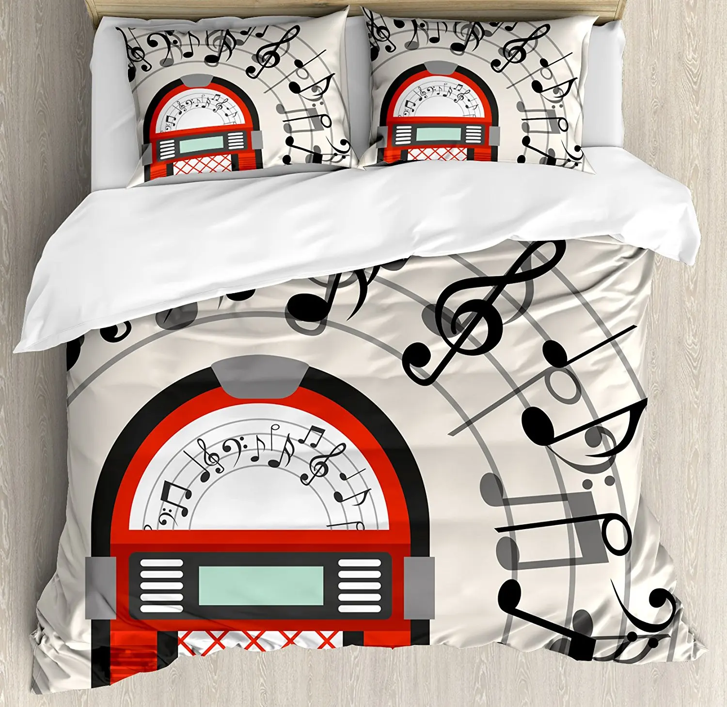 

Jukebox Duvet Cover Set Cartoon Antique Old Vintage Radio Music Box Party with Notes Artwork, 4 Piece Bedding Set