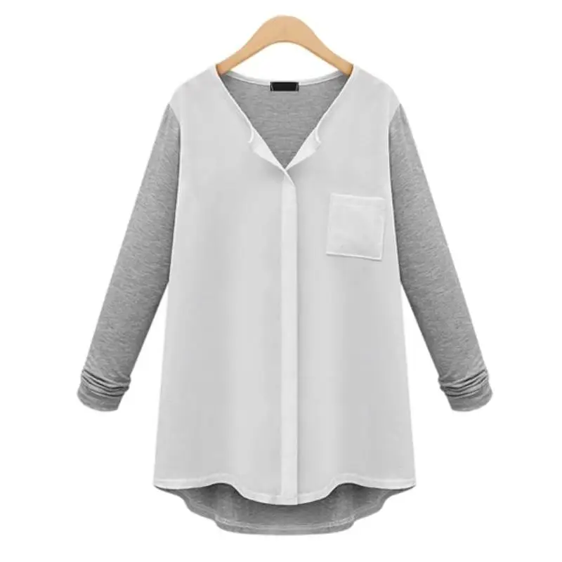 

4xl Women Plus Size Shirt Tops Spring Autumn V-neck Long Sleeve Pockets Patchwork White Shirts Blouse Casual Office Loose Blusas