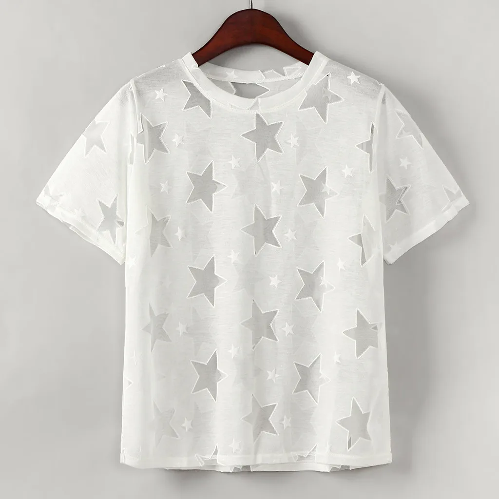 

Women's Summer Blouses 2019 Sexy Perspective Five-pointed Star Blouse Fashion Round Neck Short Sleeve Tunic Shirt#32