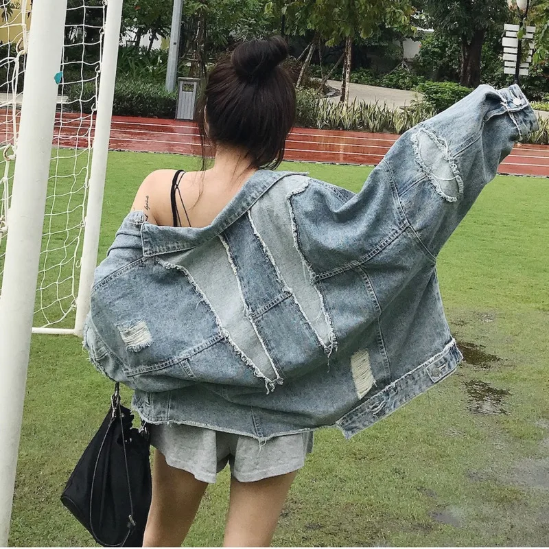 

[EWQ] 2019 autumn new Vintage Broken denim coat short section stitching denim jacket loose large size fashion casual women QJ975