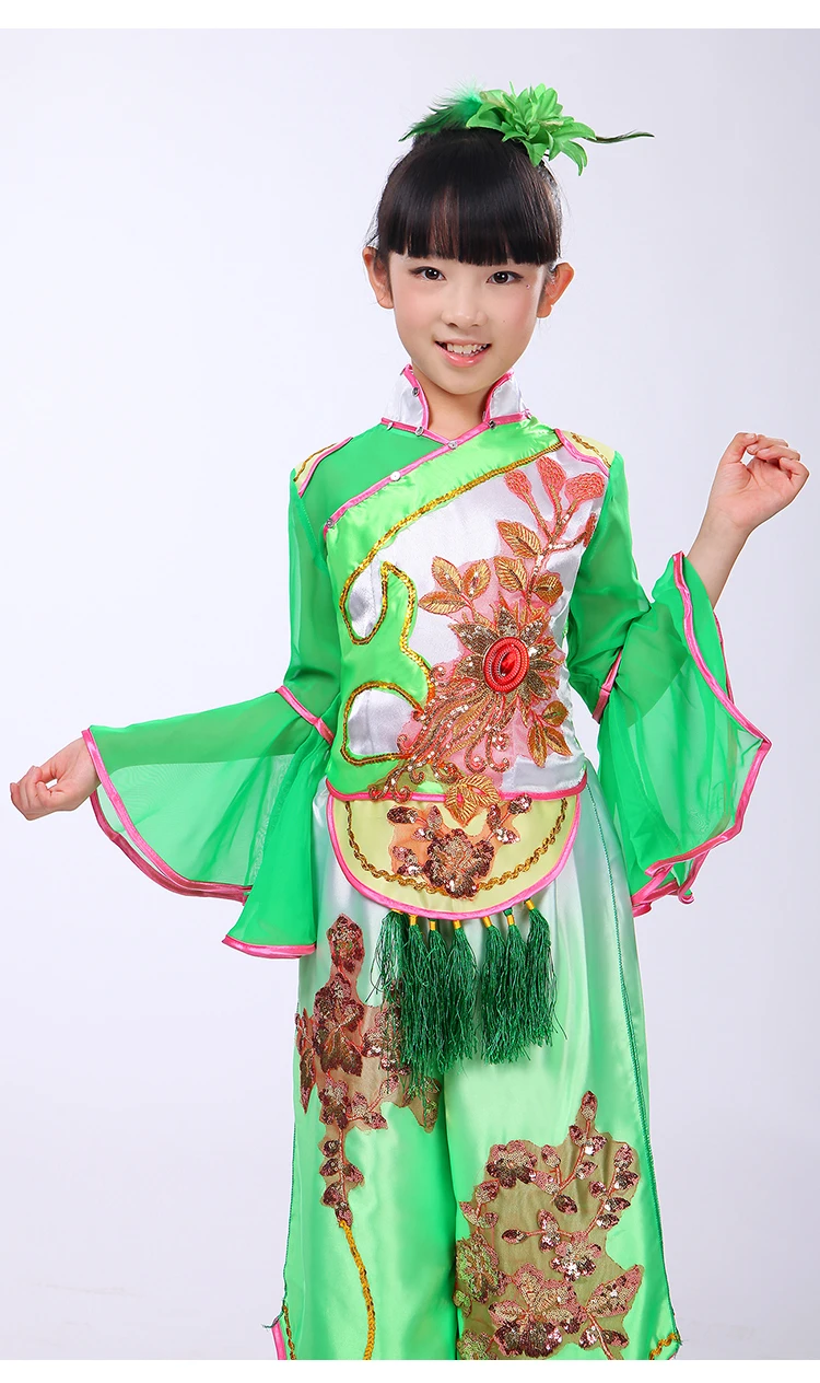 

(0176) Chinese folk dance Girls Embroidery costumes green children Hanbok fan yangko classical dance stage performance clothing