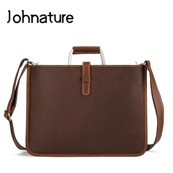 

Johnature 2020 New Mens Business Bag Genuine Leather Solid Bag Soft Leather Briefcase Male Handbags&Crossbody Bags 15 Inches