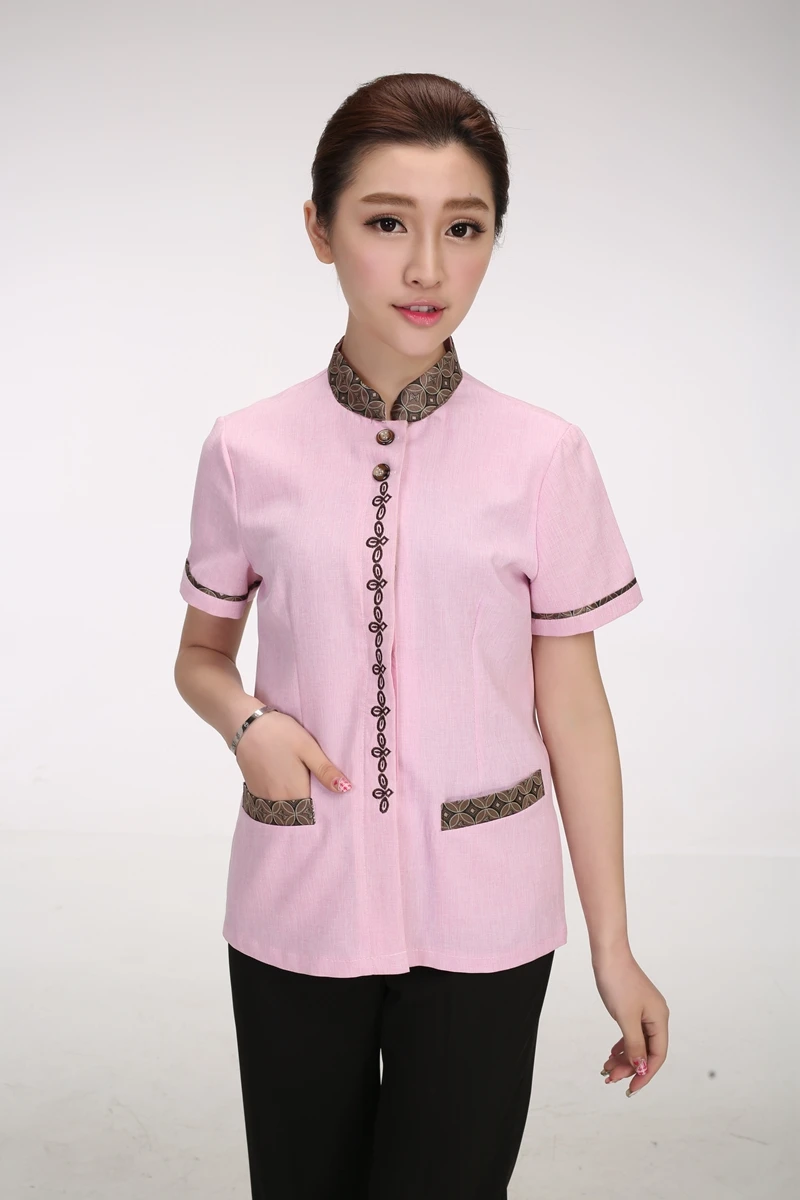 New Summer Cleaning Clean Short-sleeved Work Uniforms Linen Collar Cleaning Waiter Female Cleaning Waiter Traditional Uniforms