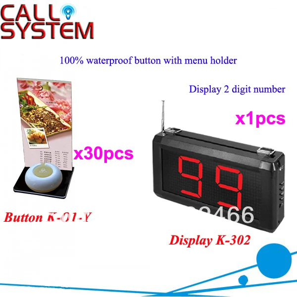 

Service Buzzer System K-302+O1-Y+H for restaurant with 1-key button with menu holder and 2-digit display DHL free Shipping