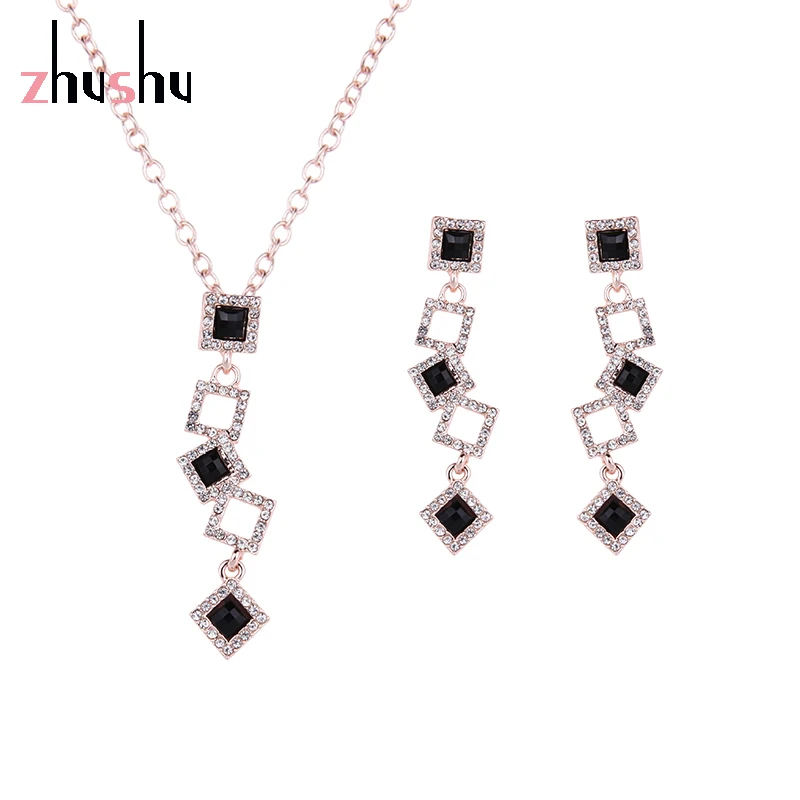 Women/girl Classic Splice Pedant Necklace + Drop Earrings Set Rose Gold