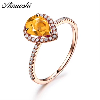 

AINUOSHI Natural Citrine Teardrop Ring 1.5ct Pear Cut Gemstone Engagement Party Jewelry Women Ring 925 Sterling Silver Halo Ring