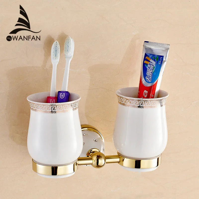 Cabilock Portavasos doble Vintage montado en la pared Cobre antiguo Cepillo de dientes elegante Estante para vasos Vasos de cerámica Soportes para el baño del hogar Hotel