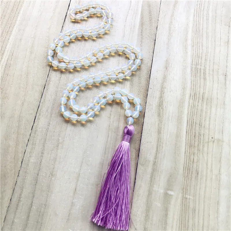 Schlichtes Design, 108 Mala-Perlen, geknotete Halskette, Opal-Quasten-Halskette, Meditation, Mala, spiritueller, beruhigender buddhistischer Schmuck – Detail 2