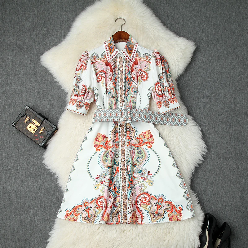 

2019 NEW fashion spring summer Sashes shirt dress Women's Clothing Slim ladies party Dress Mini sexy work Beading print dresses