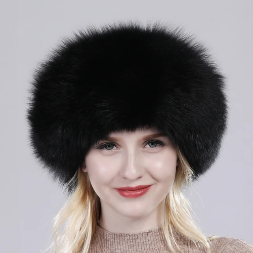 New Style Fashin Girl Genuine Fox Fur Hat Warm Soft Natural Fox Fur Bomber Caps Lady Luxurious Quality Real Fox Fur Hats - Цвет: Black