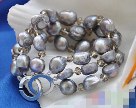 

01209 3row 8" gray baroque freshwater cultured pearl Smoky quartz bracelet