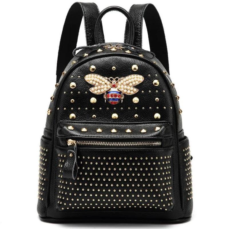

2019 New Come Fashion Women bag Diamond Bee Bags Pearl Rivet Travel Shoulder Bag Genuine Leather School Backpack Female Bag