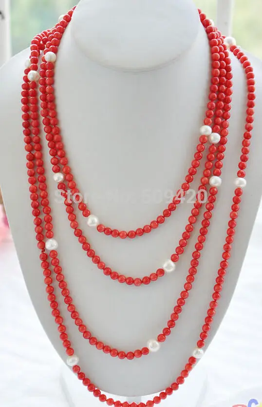 

~~ W&O655 >>long 100inch 8-9mm freshwater white pearl 6mm red coral rounds bead necklace