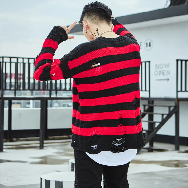 2019 New Ripped Stripe Knit Sweaters Men Hip Hop Hole Casual Pullover Sweater Male Fashion Loose Long Sleeve Sweaters Red Black 2019 New Ripped Stripe Knit Sweaters Men Hip Hop Hole Casual Pullover Sweater Male Fashion Loose Long Sleeve Sweaters Red Black
