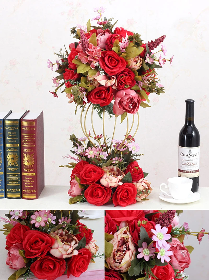 JAROWN Artificial Flower Ball Flower Stand Set Silk Fake Flower Wedding Stage Decoration Flores Home Party Table Decorations (12)