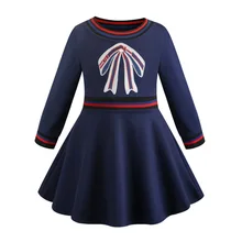 Платье для девочек 2, 3, 4, 5, 6, 7, 8 Новинка года, весеннее модное школьное платье принцессы в полоску с бантом и длинными рукавами детский костюм для девочек