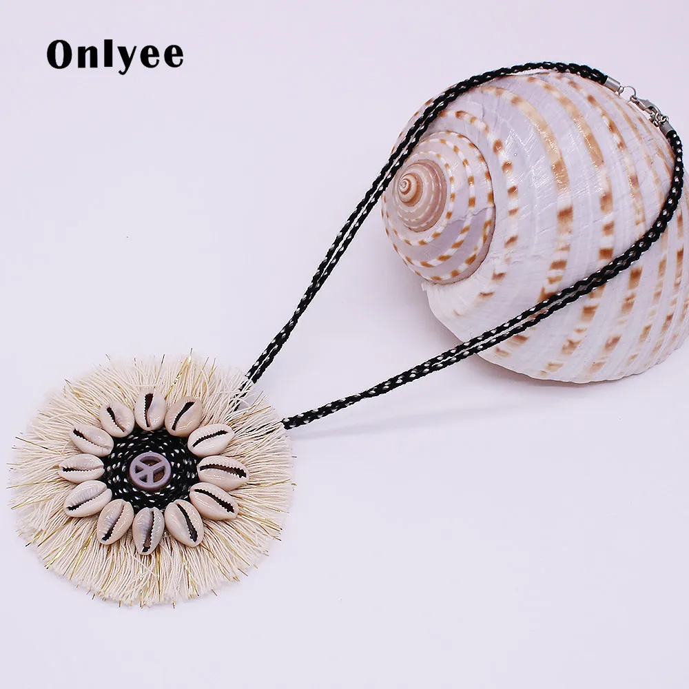 

Onlyee Bohemian Knit Necklace and Round Pendant Female Punk Natural Stone Shell Necklace Fashion Collar Ornament
