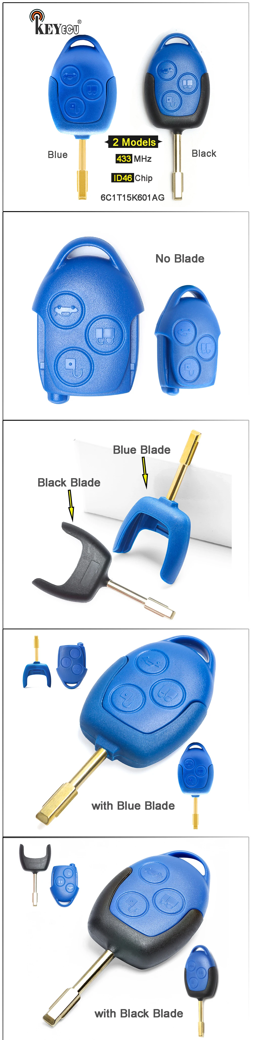 KEYECU 433 МГц 4D63 чип P/N: 6C1T15K601AG 3 кнопки дистанционный ключ-брелок от машины для Ford Transit WM VM нет/с синим/черным лезвием FO21