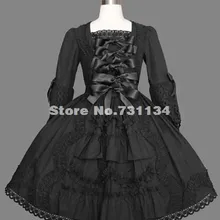 Недорогое и изящное черное хлопковое кружевное платье лолиты с длинными рукавами и бантом в готическом стиле