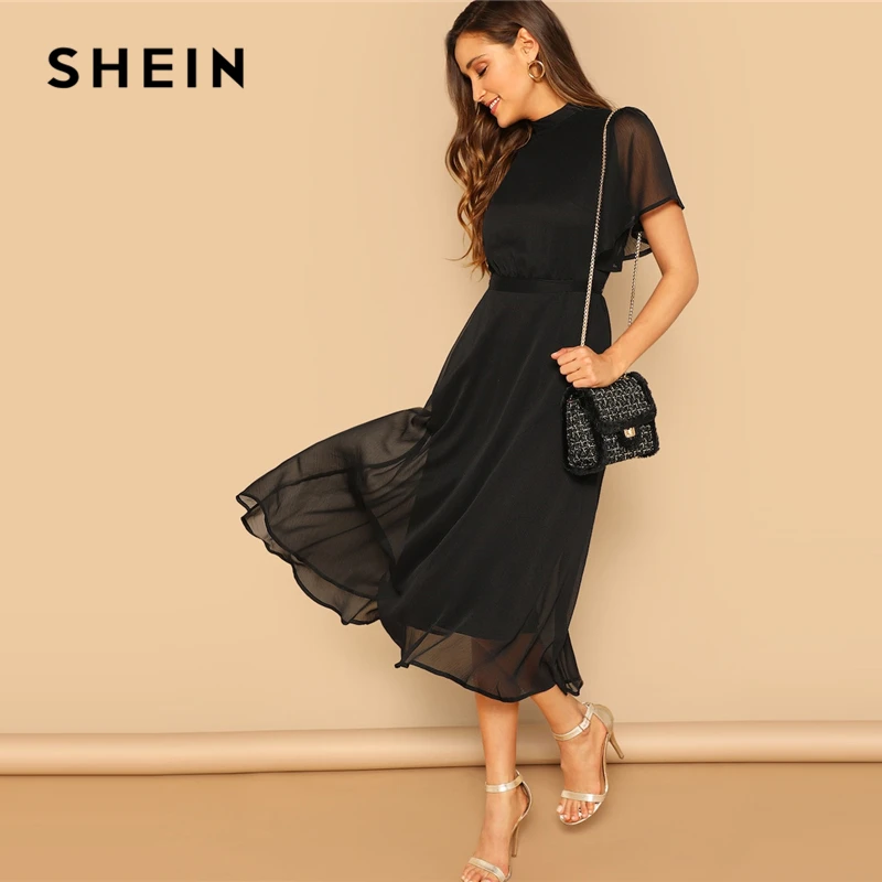 SHEIN Однотонное Прозрачное Платье С Оригинальным Рукавом Женское Летнее Элегантное Платье С Короткими Рукавами И Стоячим Воротником