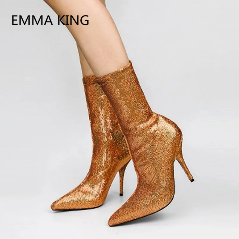 

Glitter Bling 2019 New Women Stretch Socks Boots Pointed Toe Winter Slip On Stiletto High Heels Shoes Woman Sequined Ankle Boots