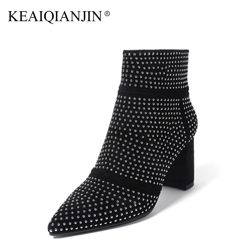 

KEAIQIANJIN Woman Rivet Ankle Boots Square Toe Black Gray Autumn Winter Ankle Boots High Heel Genuine Leather Ankle Boots 2017