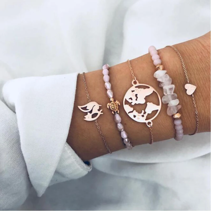 

Tocona Boho Pink Beads Stone Map Bird Turtle Heart Crystal Bracelets Set For Women Metal Gold Chain Adjustable Jewelry 4085