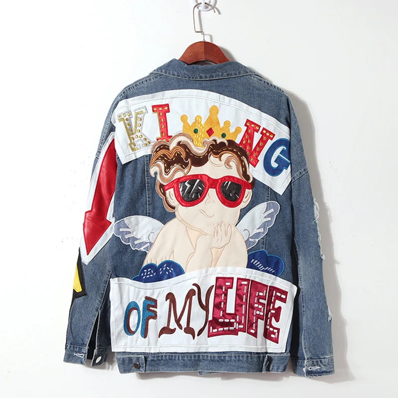 Angel Baby Embroidery Patch Denim Jackets Coats Autumn Hole Pocket Jean Jacket Female Casual Denim Jacket For Woman