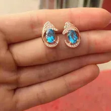 Серьги-гвоздики с натуральным топазом из серебра S925 пробы, серьги с натуральным синим драгоценным камнем, круглые серьги для девушек и женщин, вечерние круглые серьги, ювелирное изделие
