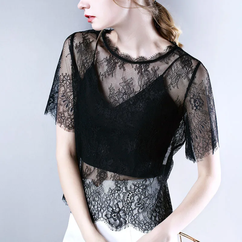 

2019 Summer New Lace Bottoming Shirt Women's Short-sleeved Inner Yarn Gauze Fairy Air Hollow Mesh Gauze Shirt