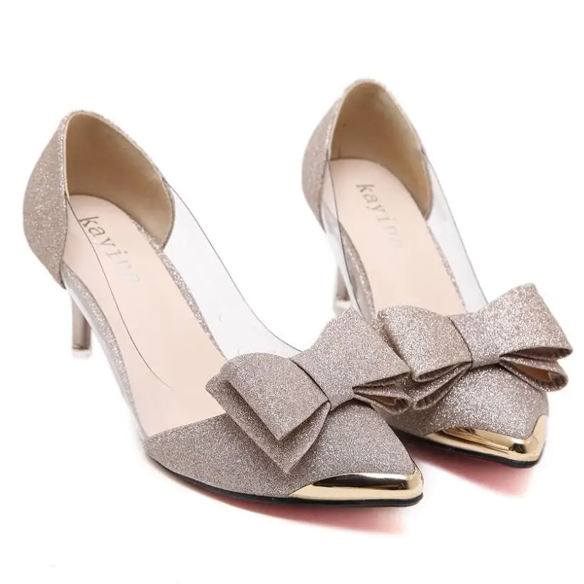 

Spring Women pointed toe thin heels high-heeled sandals ladies wedding shoes gold autumn bow sexy single female sandals shoes