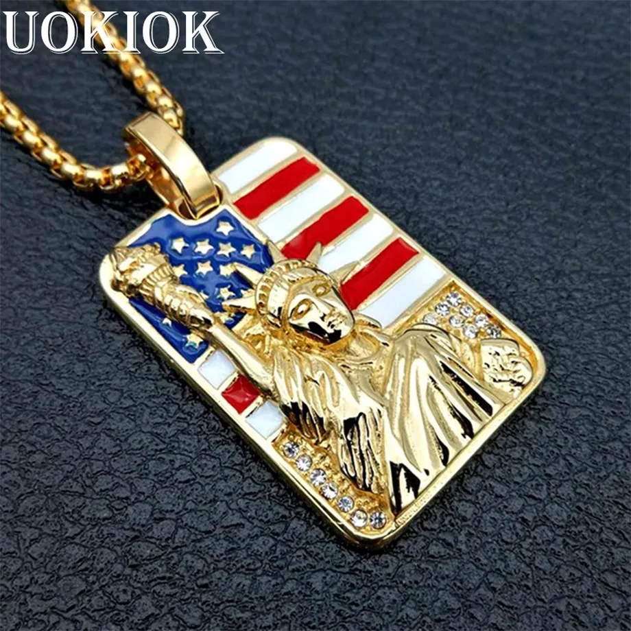 

Hip Hop Iced Out Statue of Liberty Pendant & Chain Gold Color Stainless Steel American Jewelry US Symbol Necklaces & Pendants