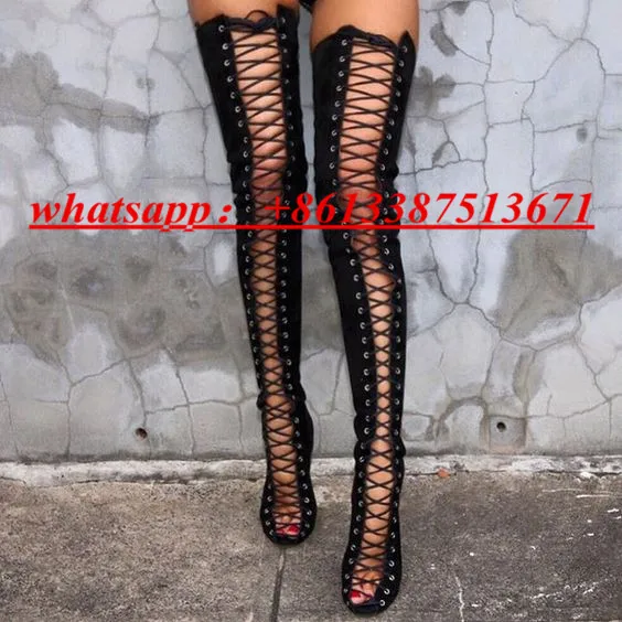 Sexy Black Suede & Leather Lace Up Women Thigh High Boots Peep Toe Back Zip Up Thin High Heel Gladiator Boots Shoes Woman